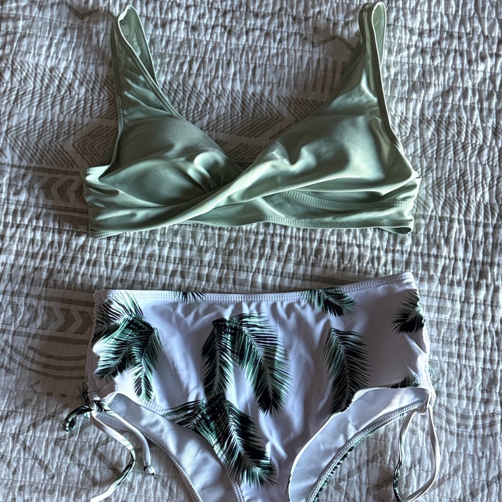 Green and White Palm Leaf Bikini Set